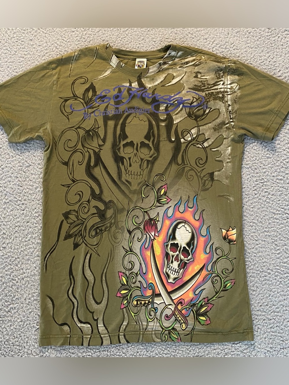 VTG Ed Hardy by Christian Audigier Green T-Shirt Skull & Flame Tattoo Men’s M